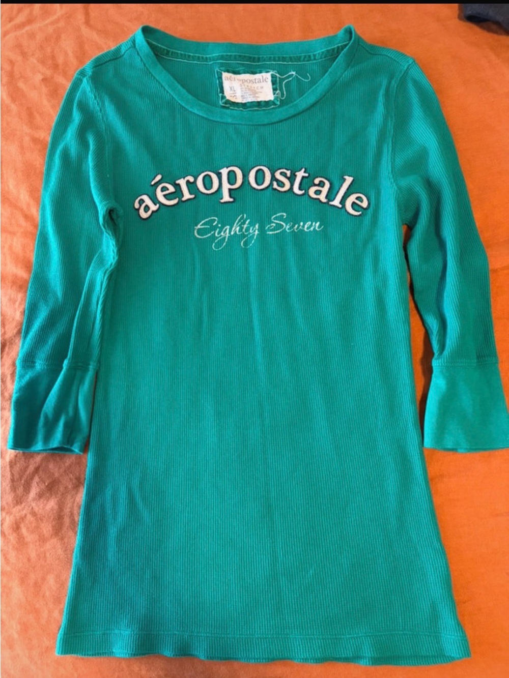 Aeropostale Teal Long Sleeve Ribbed Logo Top